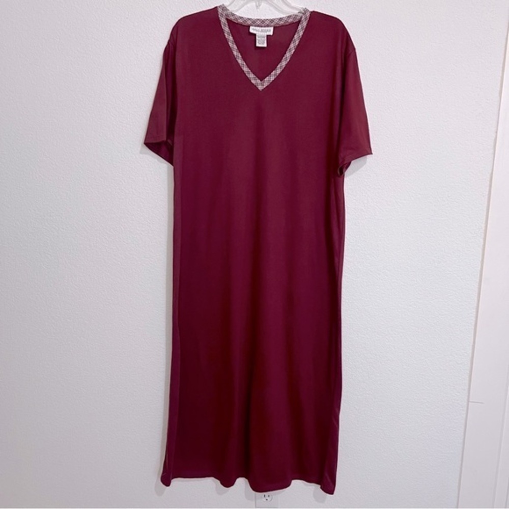 Bali Studio Burgundy V Neck Short Sleeve Cotton Night Gown Sleepwear PJ's  Large